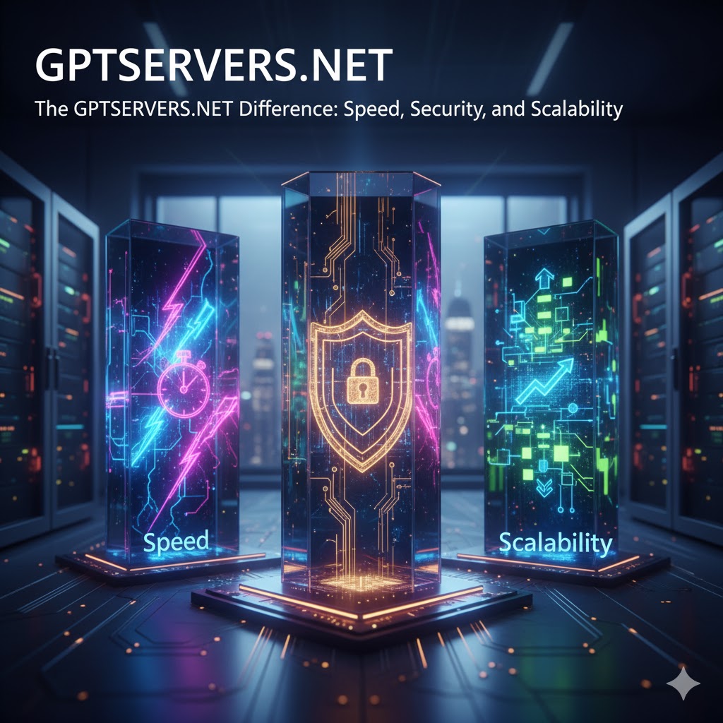 Abstract digital representation of speed, security, and scalability for GPTSERVERS.NET web hosting.